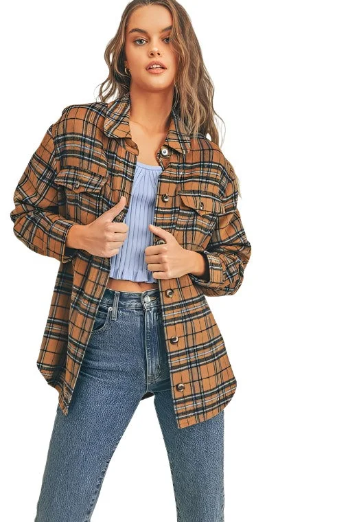 Womens Brown Blue Multi Plaid Flannel Shacket