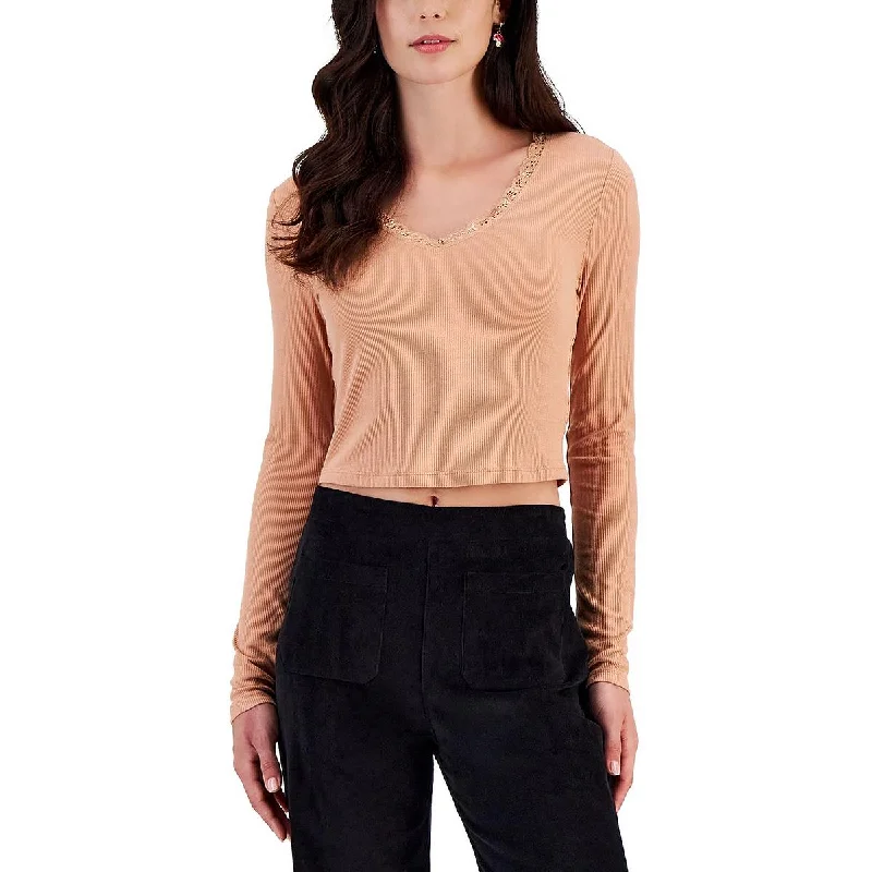 Self E Womens Juniors V-Neck Ribbed Cropped