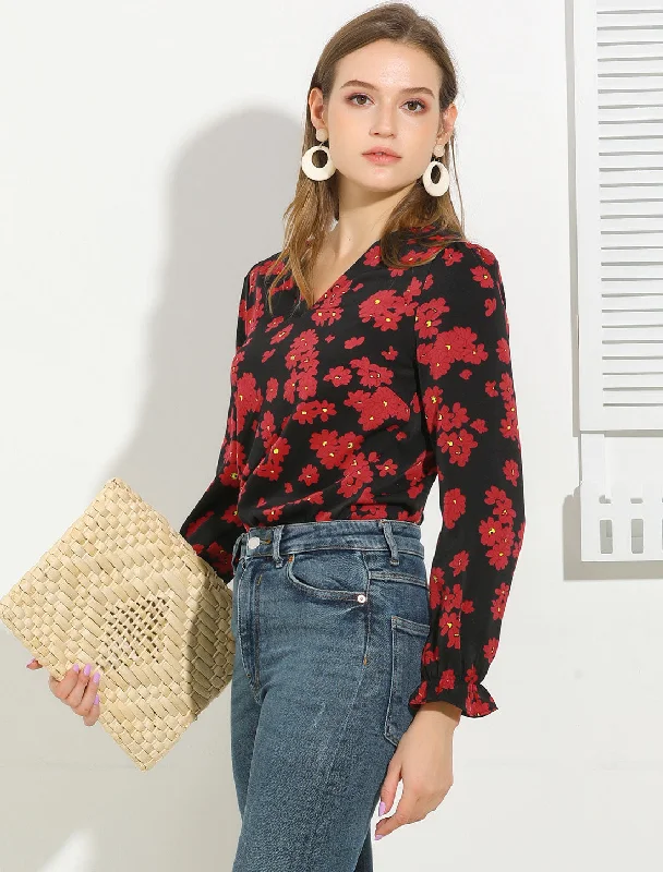 Floral Print Puff Shoulder Ruffle Cuff Long Sleeve V Neck Blouse